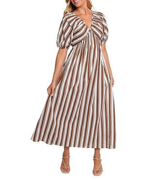 Petal & Pup Sullivan Stripe Print V-Neck Puff Sleeves Tie Back Maxi Dress | Dillard's | Dillard's