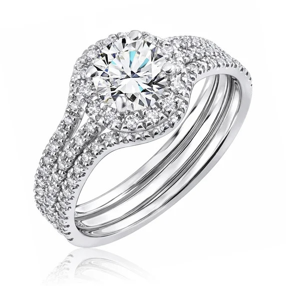 JeenMata 1 Carat Lab Grown Diamond Trio Wedding Ring Set - Round Cut Halo Statement Ring in 18K W... | Walmart (US)