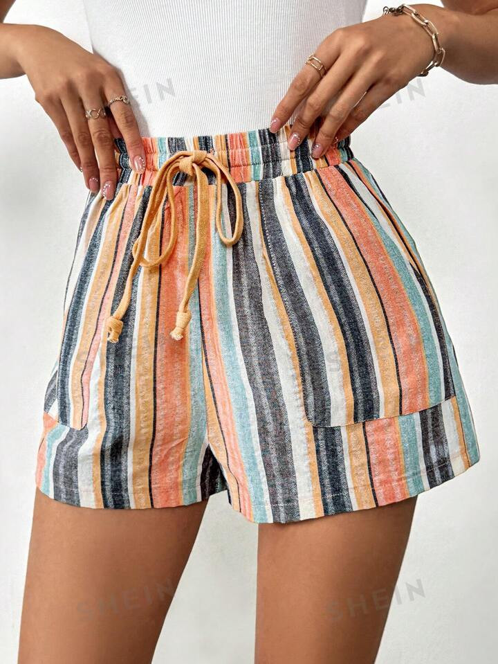 SHEIN Tall Fashionable Women's Colored Striped Shorts With Drawstring Waist | SHEIN