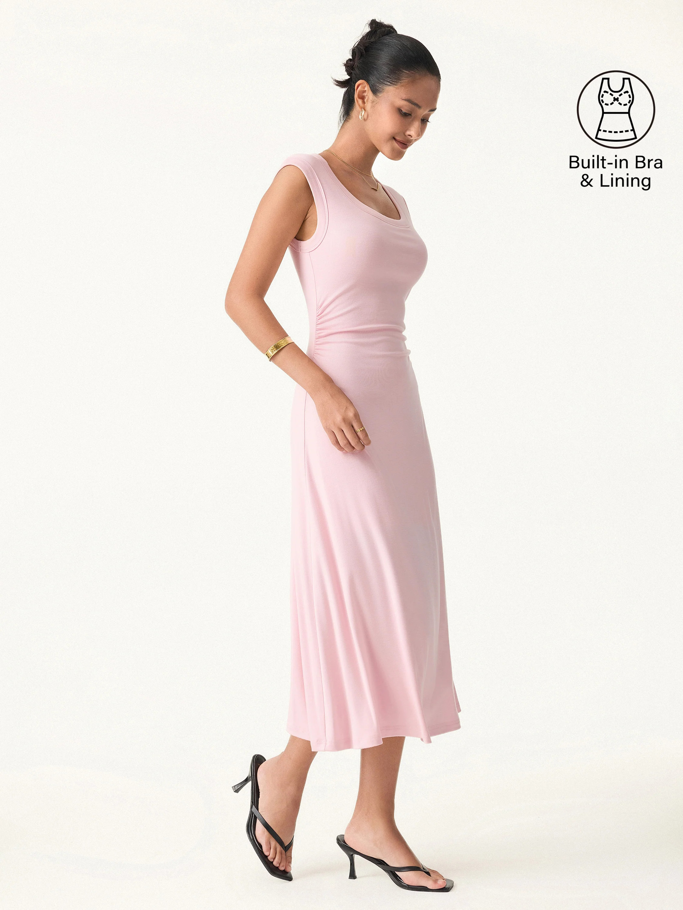 Scoop Neck Side Ruched New Airy Bra Midi Dress | OGLmove