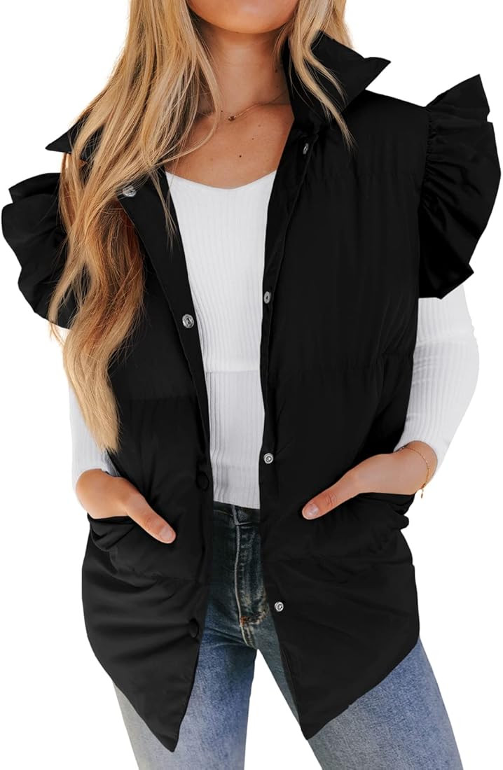 Valphsio Women's Ruffle Puffer Vests Winter Button Down Padded Gilet with Pocket | Amazon (US)