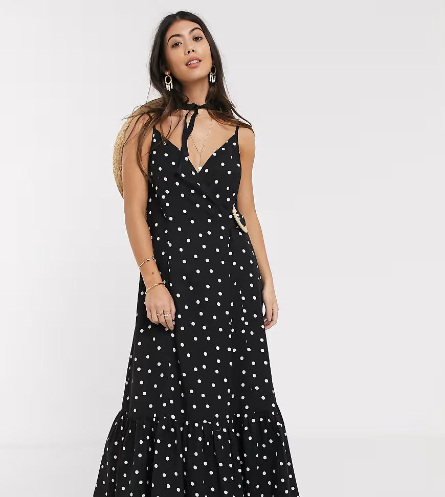 ASOS DESIGN Petite cami wrap maxi dress in linen with wicker belt in mono spot-Multi | ASOS (Global)