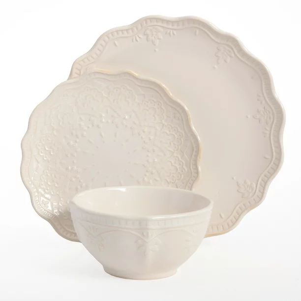 The Pioneer Woman Farmhouse Lace 12-Piece Dinnerware Set, Linen - Walmart.com | Walmart (US)