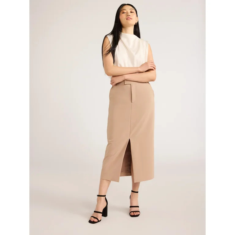 Scoop Women’s Ultimate Crepe Front Slit Midi Skirt, Sizes 0-20 | Walmart (US)