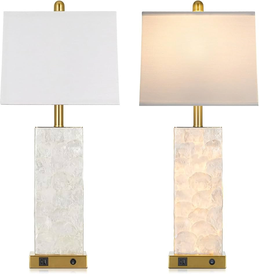 28" Coastal Table Lamps for Living Room Set of 2, Bedside Lamps with Night Light, USB A+C Ports, ... | Amazon (US)
