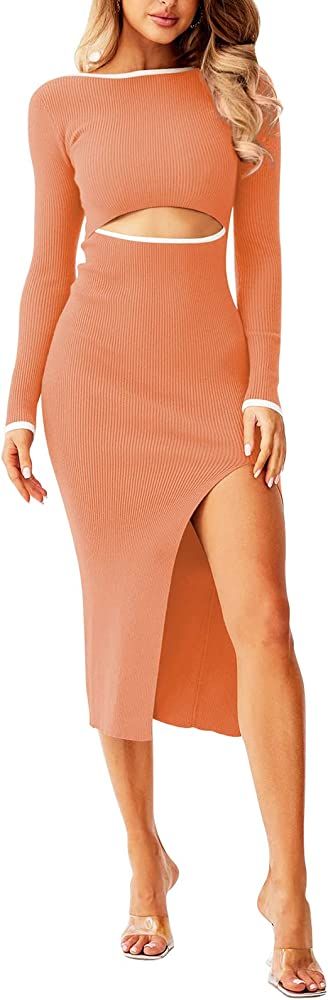 Pink Queen Women's Crew Neck Long Sleeve Side Slit Cutout Bodycon Ribbed Knit Sweater Midi Dress | Amazon (US)