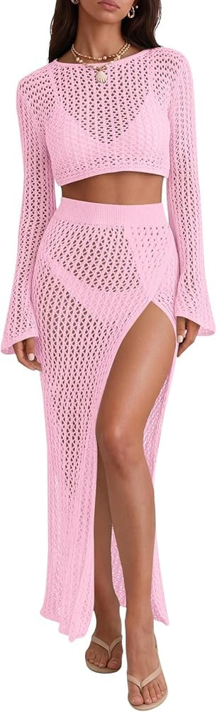 Saodimallsu Womens Crochet Beach Cover Ups Set 2 Piece 2026 Boat Neck Crop Long Sleeve Tops High ... | Amazon (US)