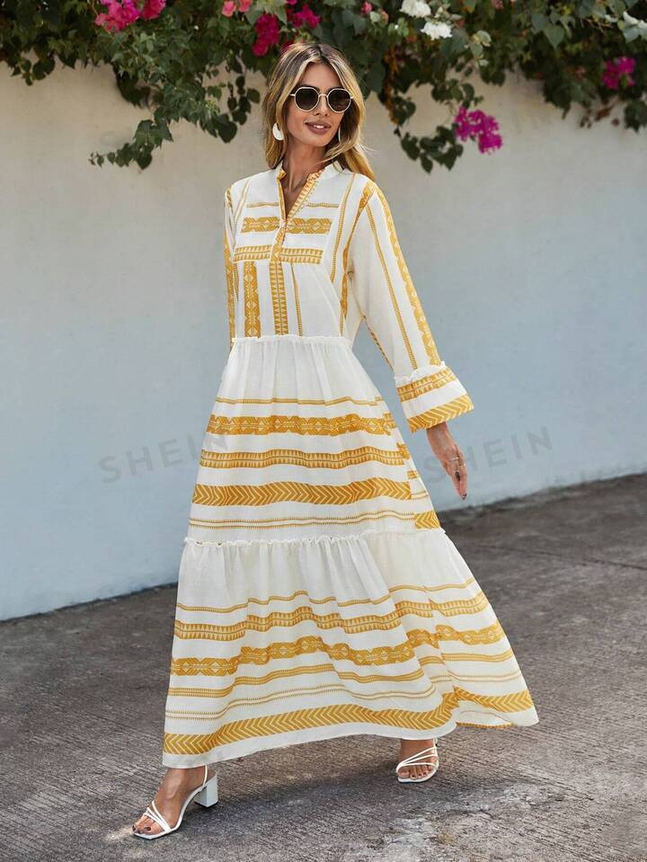 Cottnline Geoprint Flare mouwen Ingekeepte hals Smockjurk | SHEIN