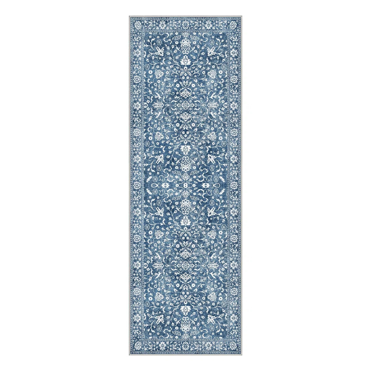 Zahara Oriental Floral Machine Washable Blue / White Indoor Area Rug with Non-Slip Backing | Wayfair North America