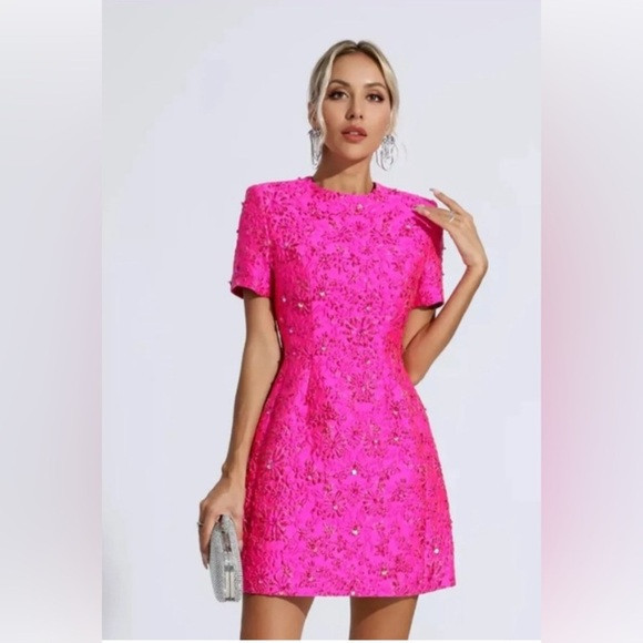 Intricate Sequin Lurex Jacquard Floral Crew Neck Short Sleeve Party Mini Dress | Poshmark