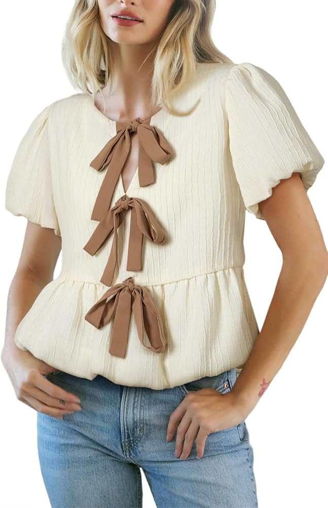 OCSTRADE Womens Summer Tops 2025 Cute Bow Ties Front Puff Short Sleeve Babydoll Blouses Casual Y2... | Amazon (US)