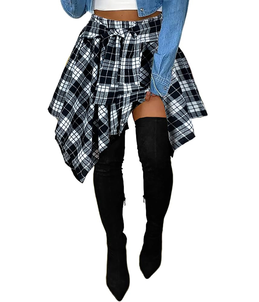 Women's Plaid Skirts High Waisted Knot Front Asymmetrical Hem Mini Skater Skirt | Amazon (US)