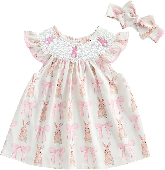 Toddler Baby Girl Easter Outfit Bunny Smocked Dress Ruffle Sleeve A-line Princess Dresses Infant ... | Amazon (US)
