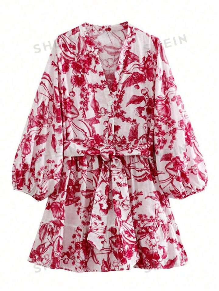 SHEIN VCAY Plus Size Printed Lantern Sleeve Belted Maxi Dress | SHEIN