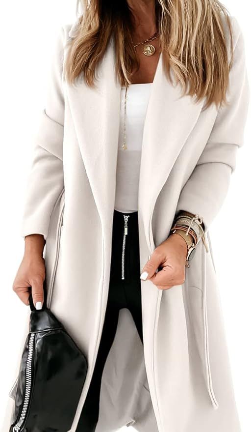 Womens Classic Coat Lapel Collar Open Front Belted Long Jacket | Amazon (US)