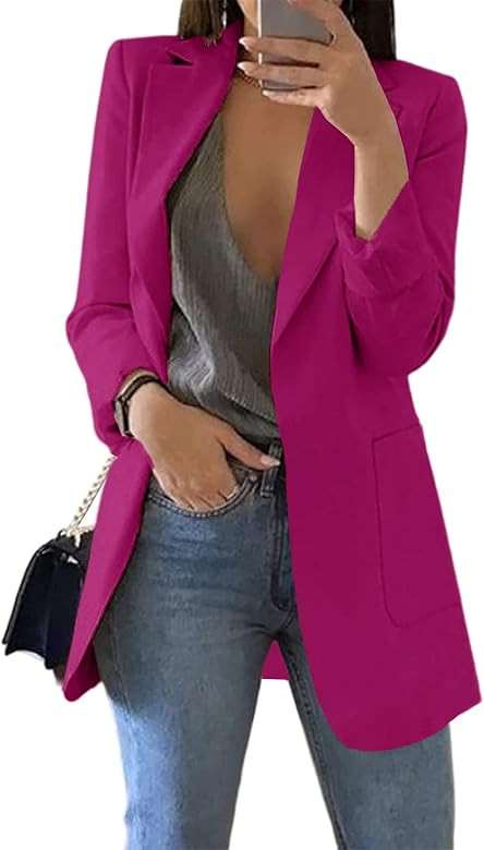 Cnkwei Womens Casual Blazers Open Front Long Sleeve Lapel Collar Work Office Jacket | Amazon (US)