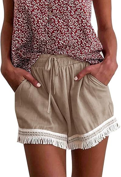 Women's Boho Elastic Waist Drawstring Shorts Casual Summer with Pockets | Amazon (US)