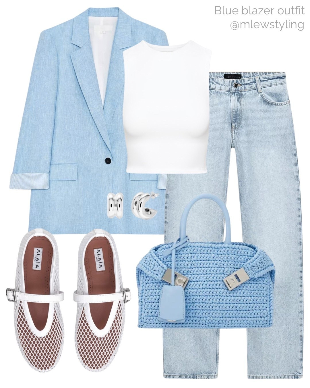Blue blazer outfit for spring 🩵

Tags: spring outfit, baby blue blazer, aritzia tank top, Ferragamo blue woven hug bag, Alaia ballet flats, silver hoop earrings, Zara light wash jeans, neutral aesthetic, spring trends 
