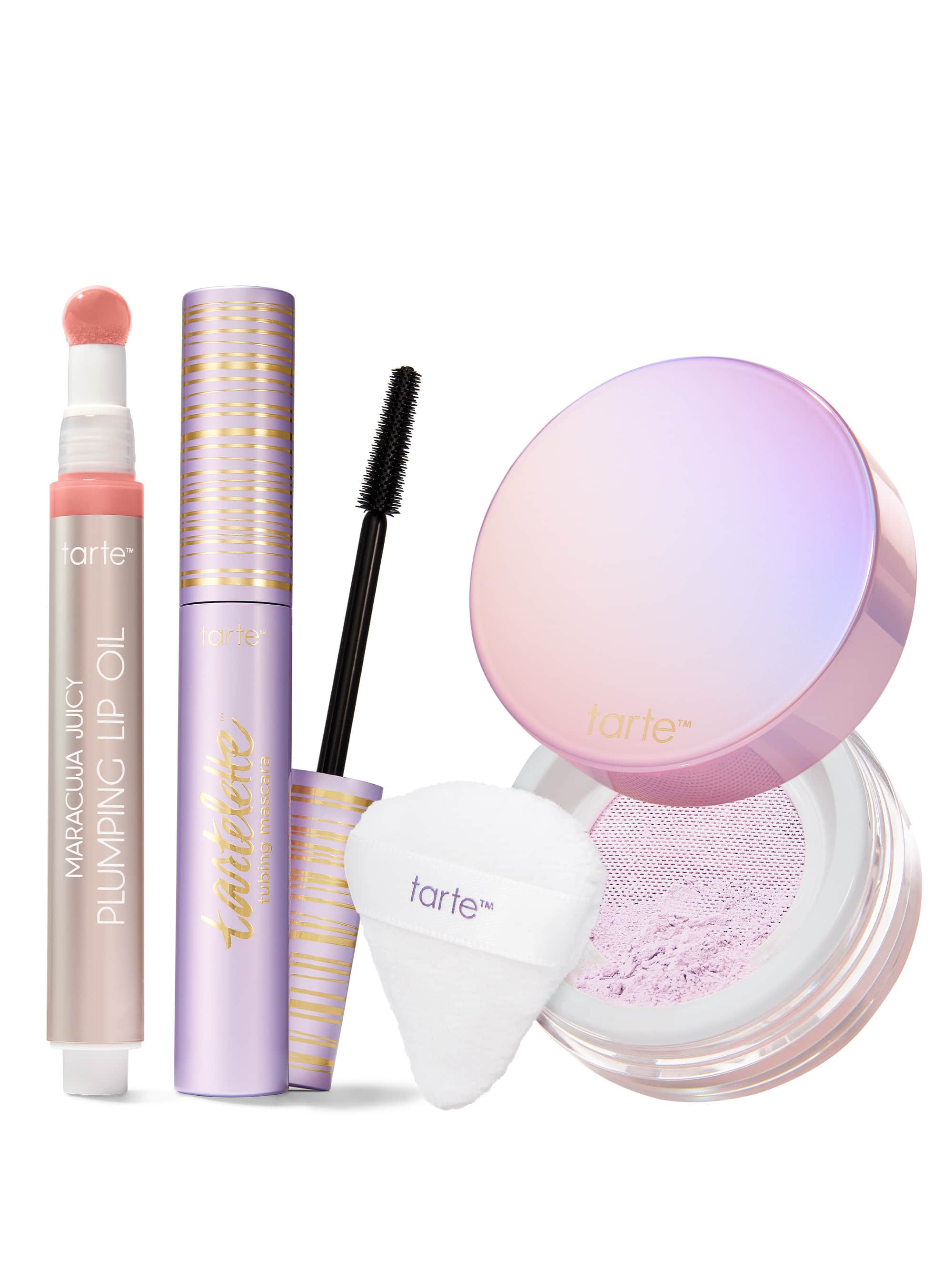 maracuja juicy lip oil, tubing mascara and setting powder trio | tarte cosmetics (Global)