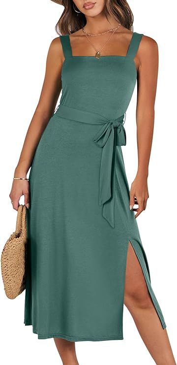 Prinbara Women Square Neck Dresses 2024 Summer Casual Flowy Split A Line Midi Dress Sleeveless Lo... | Amazon (US)