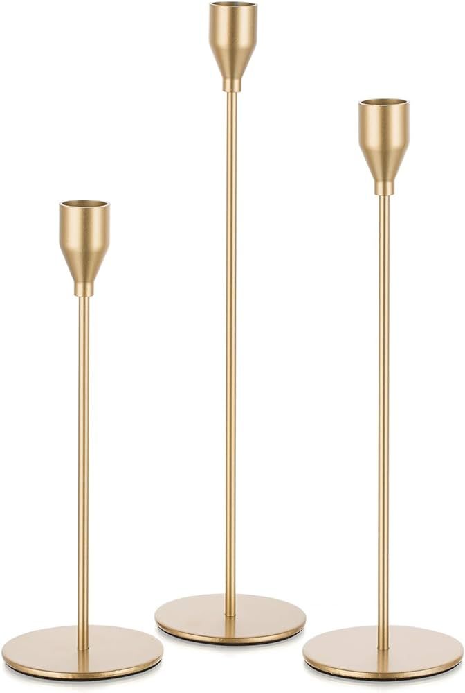 Candeldo Gold Taper Candle Holders: Set of 3 Tall Candlestick Holder for Table Centerpiece Metal ... | Amazon (US)