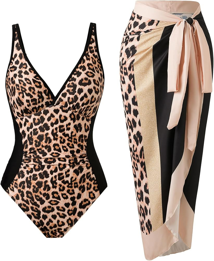 Women’s One Piece Tummy Control Swimsuit Set with Wrap Skirt Cover Up V Neck Slimming Retro Bat... | Amazon (US)