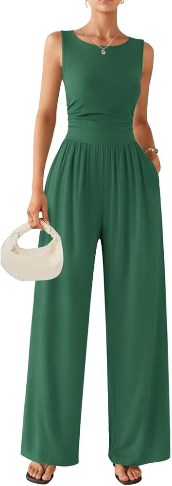 Ekouaer Jumpsuits for Women One Piece Jumpsuit Wide Leg Sleeveless Crewneck Casual Womens Romper ... | Amazon (US)