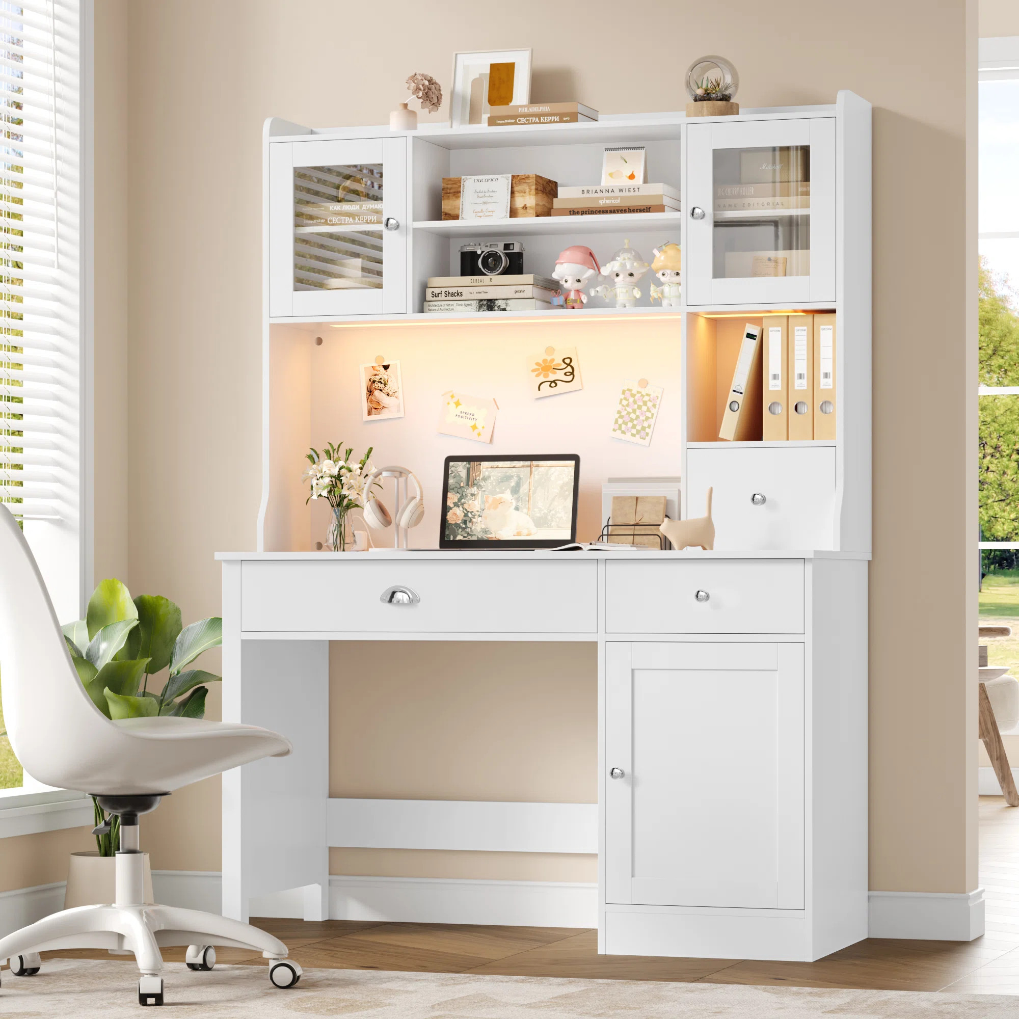 47.2"W Wooden Computer Desk With Hutch And Led Lighting, White | Wayfair North America