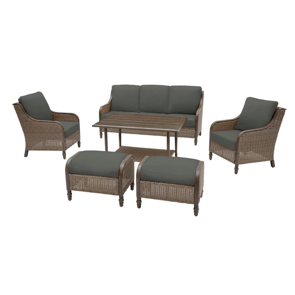 Hampton Bay Windsor 6-Piece Brown Wicker Outdoor Patio Conversation Seating Set with CushionGuard Gr | The Home Depot
