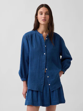 Cotton Gauze Denim Oversized Collarless Shirt | Gap (US)