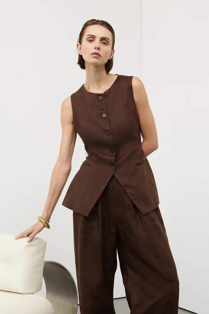 ALESSIA BITTER CHOC LINEN VEST | DISSH