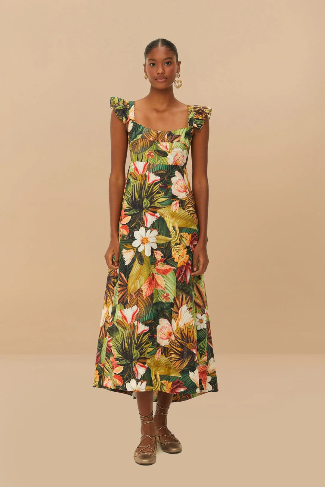 Botanical Forest Multicolor Scoop Neck Ruffled Strap Maxi Dress, BOTANICAL FOREST MULTICOLOR / S | FarmRio (US)