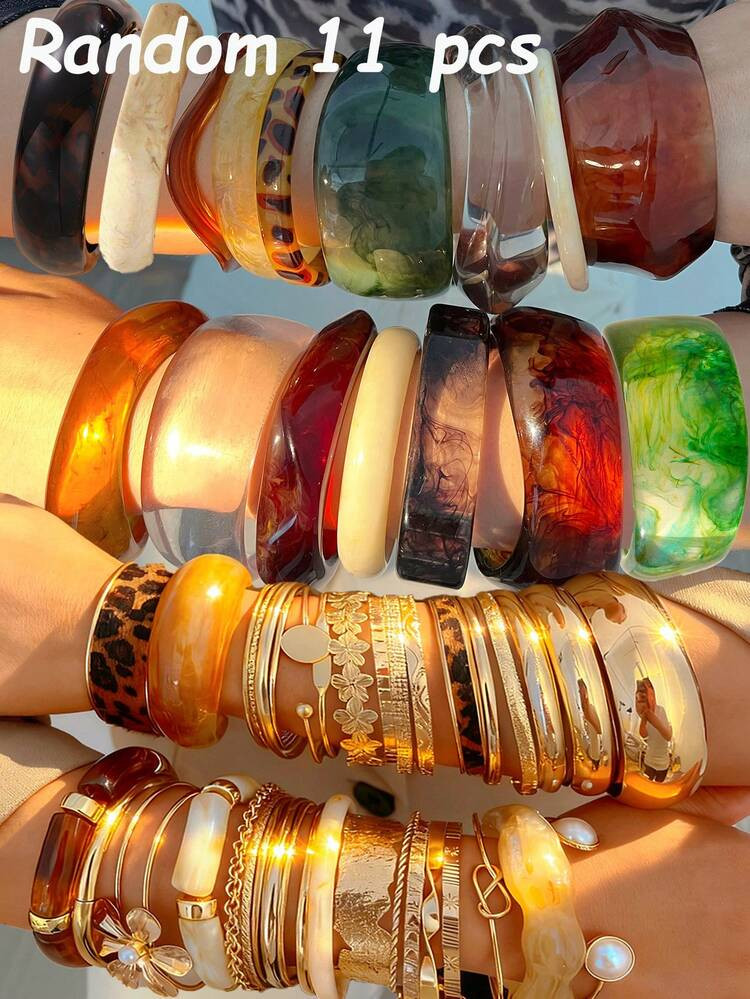 Vintage Elegant Retro Old Coin Style Random 25pcs/21pcs/19pcs/16pcs/11pcs/8pcs/4pcs/1pc Set Of Fashionable Metallic Resin Multi-Element Antique Style Colorful Tie Dye Transparent Brown Blue Green White Leopard Print Thick Resin Bangle Bracelet Set | SHEIN