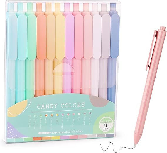 WY WENYUAN 12-Pcs Ballpoint Pens, Comfortable Writing, Pastel Retractable Pretty Journaling, Blac... | Amazon (US)