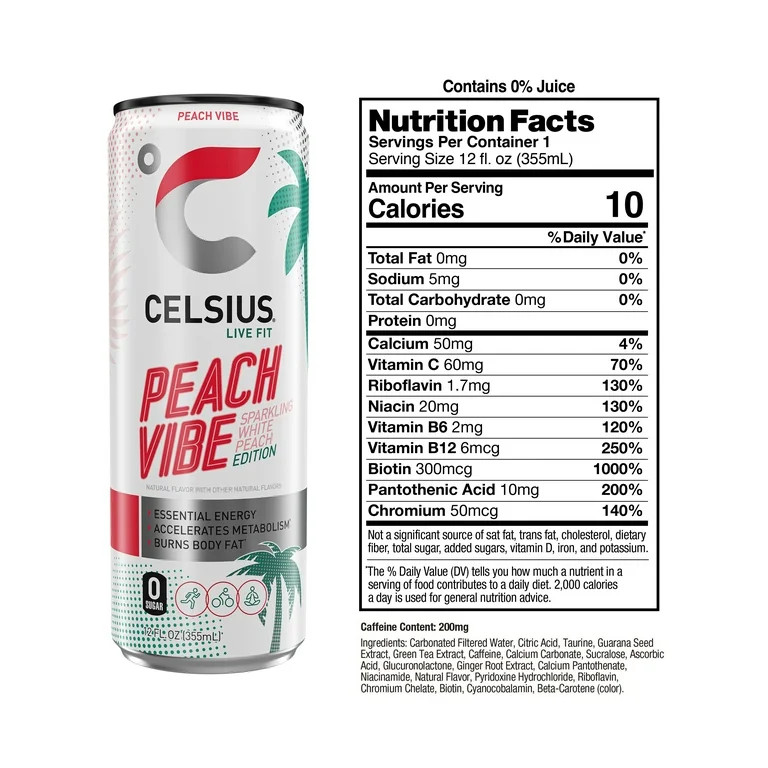 CELSIUS Sparkling Peach Vibe, Functional Energy Drink 12 fl oz Single Can | Walmart (US)
