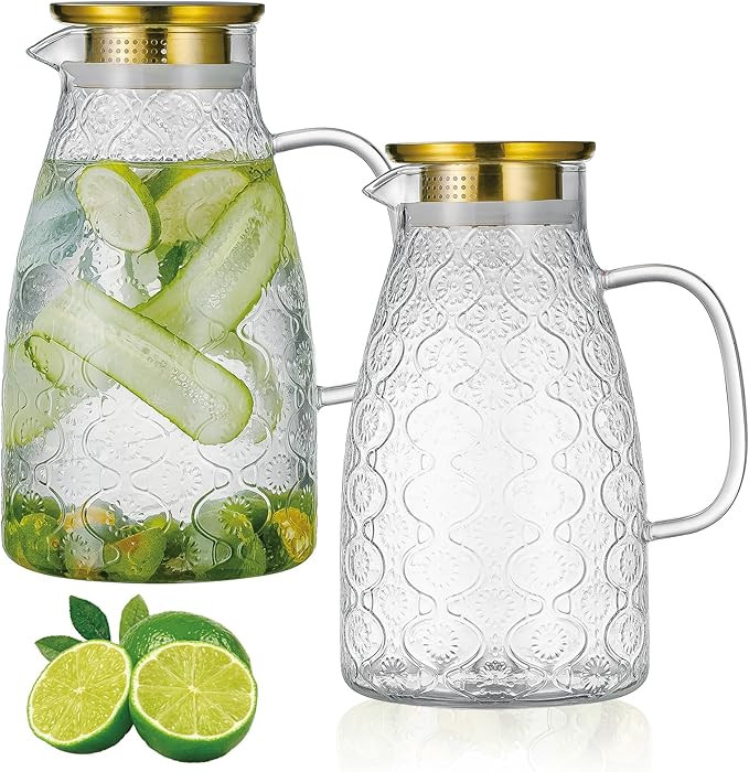 Glass Pitcher with Lid and Handle, 2 PACK 68 oz/2 Liter Vintage Flower Design Fridge Water Pitche... | Amazon (US)