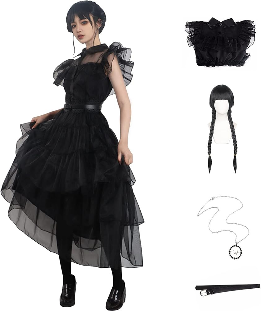 Family Wednesday Costume Women Vintage Goth Black Raven Dance Dress Cosplay Girl Tulle Lace Skirt... | Amazon (US)
