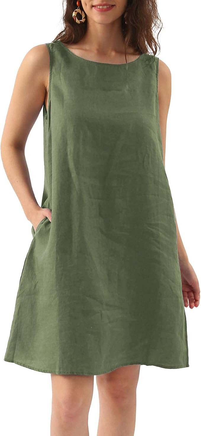 Amazhiyu Women's Linen Sleeveless Shift Dress with Pockets Crew Neck Casual Tank Dress | Amazon (US)