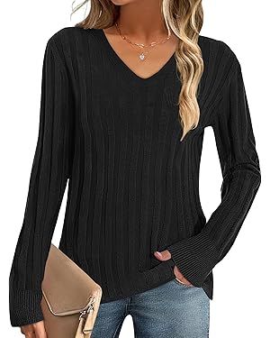 MEROKEETY Women's 2024 Fall V Neck Sweater Long Sleeve Ribbed Knit Casual Slim Fitted Pullover To... | Amazon (US)