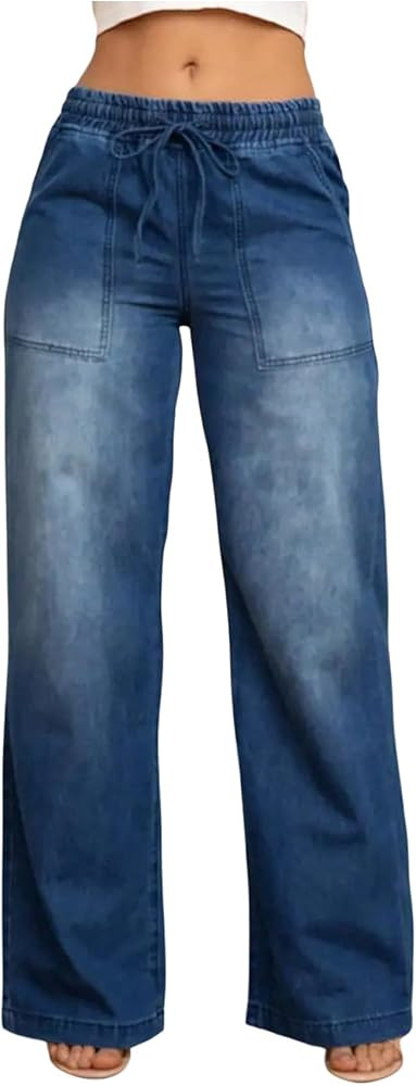 WDIRARA Women's Drawstring Waist Baggy Jeans Low Rise Wide Leg Denim Pants | Amazon (US)