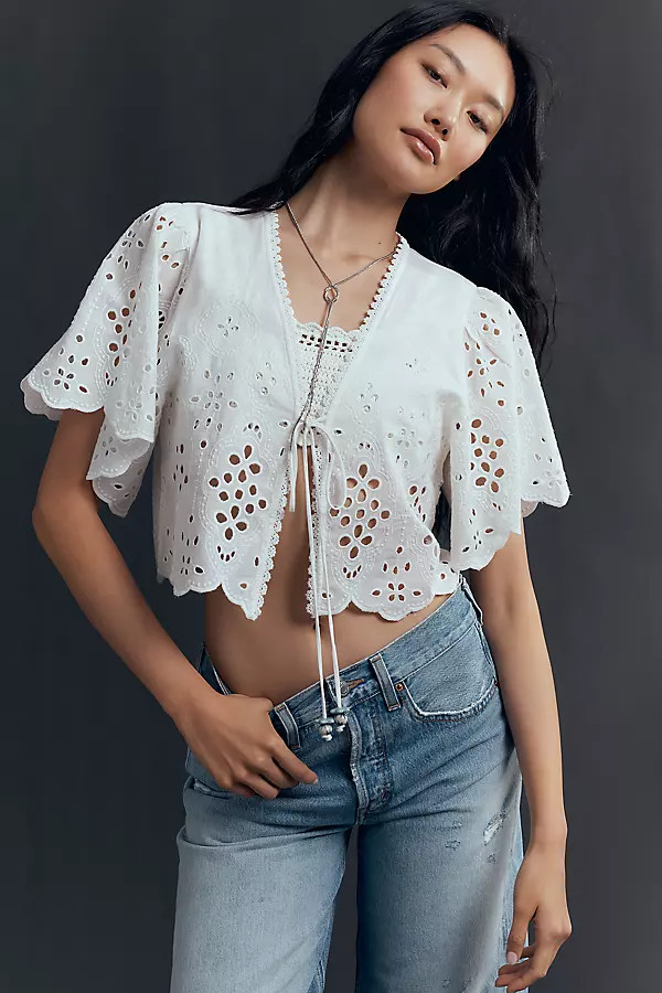Maeve Tie-Front Eyelet Cropped Blouse | Anthropologie (US)