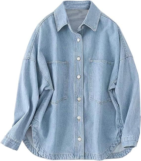 Women Denim Shirt Jean Jacket Oversize Button Down Shirt Long Sleeve Jean Tops Trendy Shackets | Amazon (US)