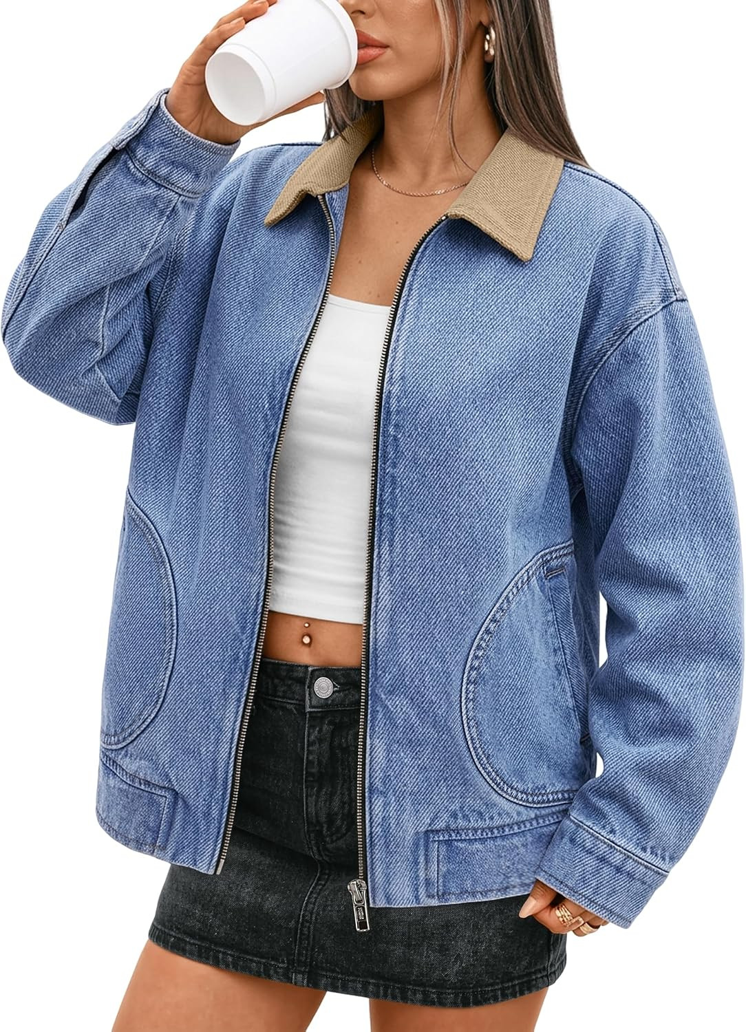 Trendy Queen Womens Oversized Jean Jacket Denim Barn Jacket Corduroy Collar | Amazon (US)