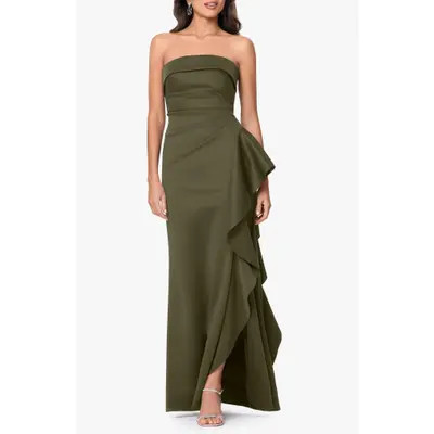 Xscape Evenings Ruffle Strapless Scuba Crepe Gown in Hunter at Nordstrom, Size 4 | Nordstrom