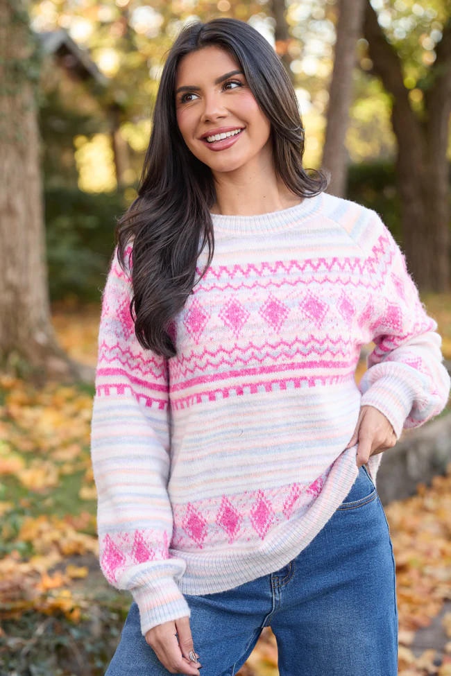 Jona Pink Multi Ground Fair Isle Crewneck Sweater | Pink Lily