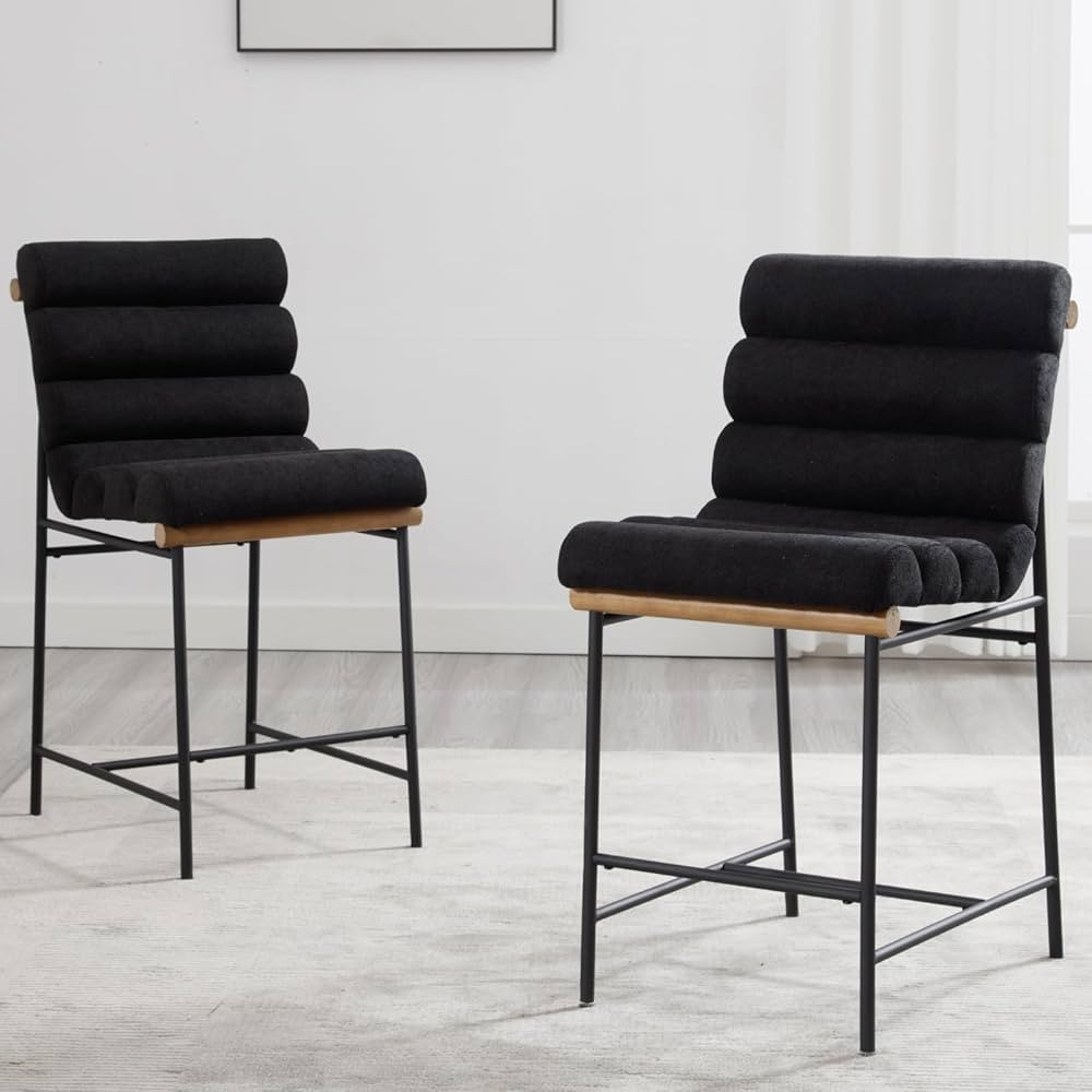 Guyou 25" Modern Upholstered Counter Stools Set of 2, Linen Armless Counter Height Chairs Black Metal Legs Stool with Deep Channel Tufted Back and Seat for Kitchen Island Dining Room (Black Linen) | Amazon (US)