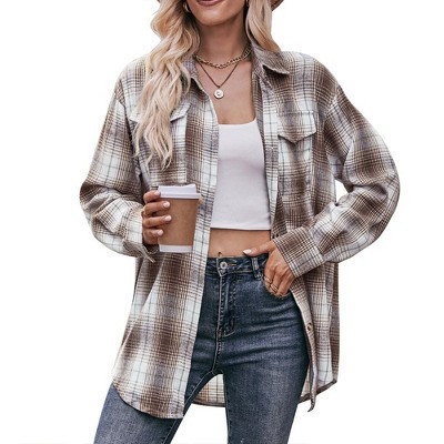 BLUEMING Womens Button Down Shirts Oversized Long Sleeve Plaid Shackets Business Casual Collared Blouse Tops, Coffee - S | Target