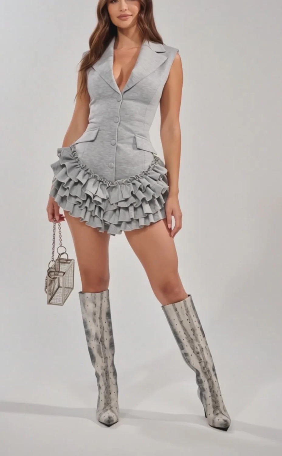 STRICTLY BUSINESS SLEEVELESS BLAZER ROMPER IN GREY | AKIRA
