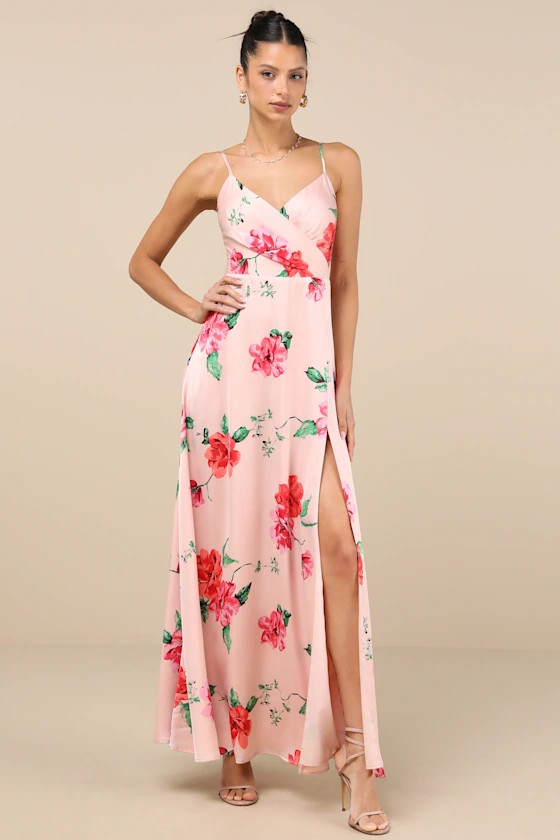 Radiant Occasion Light Pink Floral Satin A-Line Maxi Dress | Lulus