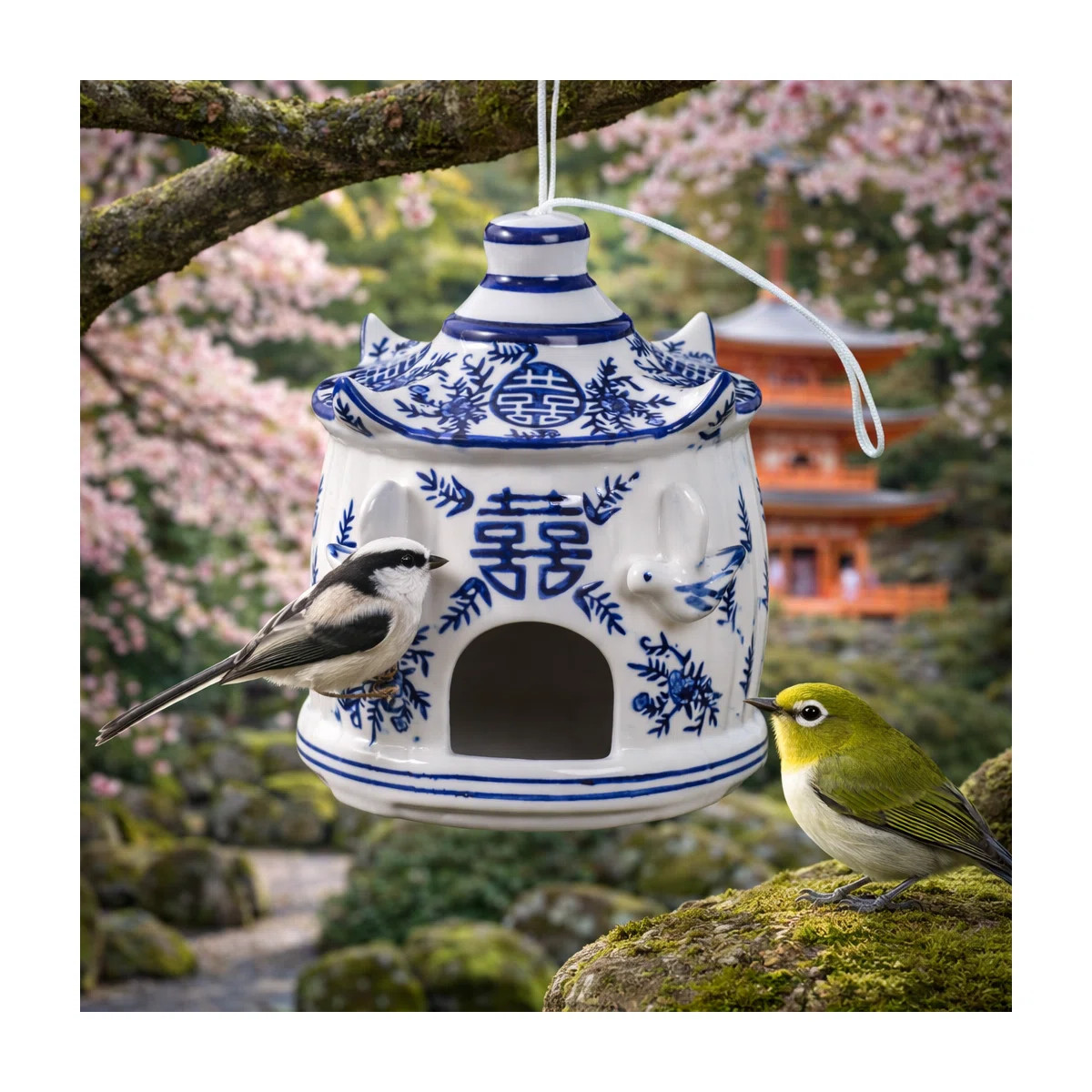 Bethony 8X7" Chinoiserie Large Pagoda Bird House, White/Blue | Wayfair North America